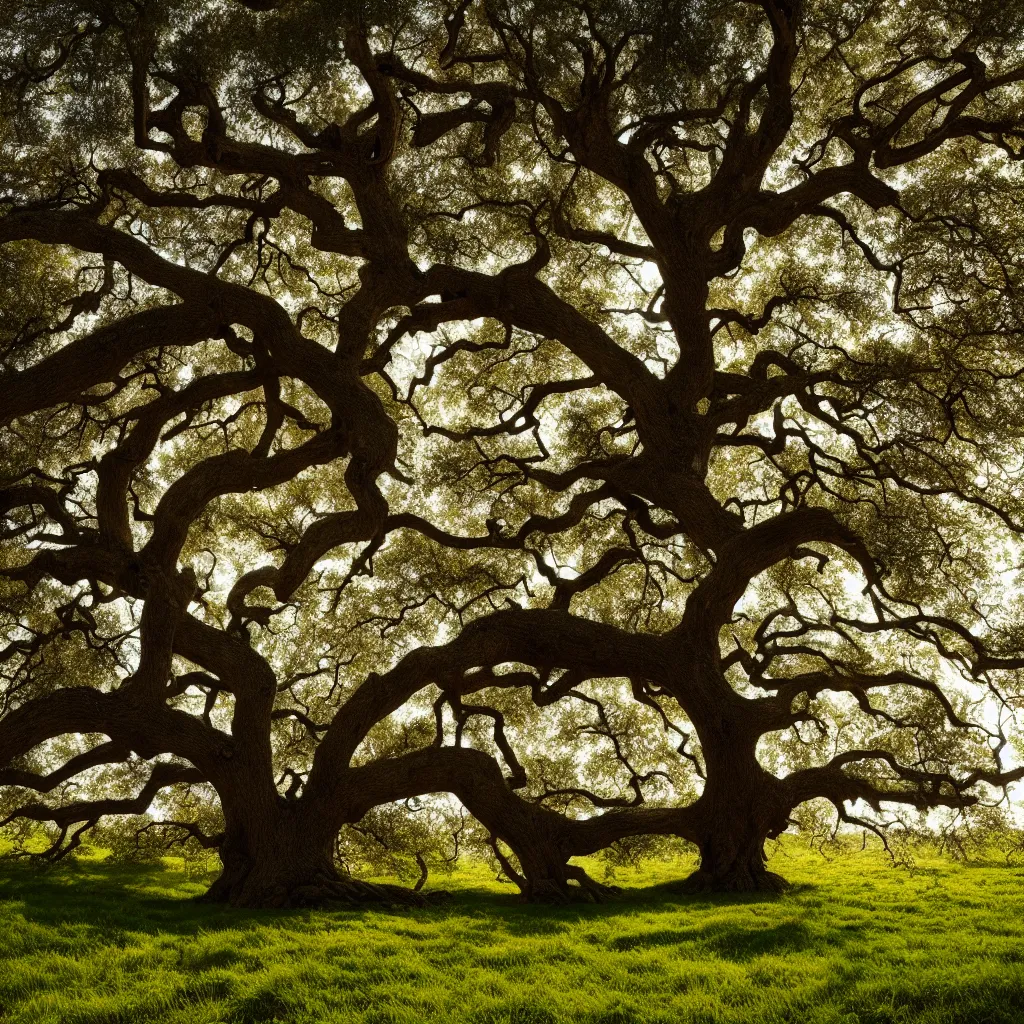 Image similar to old oak in four seasons of the year, the tree is growing on a meadow, cinematic lighting, photo realistic image, 4K, super detailed, cinematic look