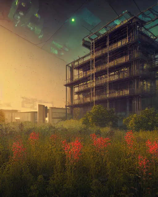 Image similar to a beautiful photorealistic render of urbex urbex industrial architecture by eugene boudin, futuristic otherworldly vaporwave darkacademia alien nature sunset biopunk meadow flowers lake, archdaily, wallpaper, highly detailed, trending on artstation.