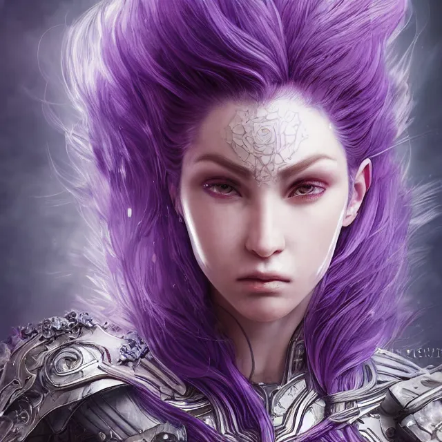 Prompt: close facial portrait of a pale woman in futuristic leather armor with flowing purple hair, elegant, stoic, intense, ultrafine hyperdetailed illustration by kim jung gi, irakli nadar, intricate linework, sharp focus, bright colors, octopath traveler, final fantasy, hearthstone, highly rendered, global illumination, radiant light, detailed, intricate environment