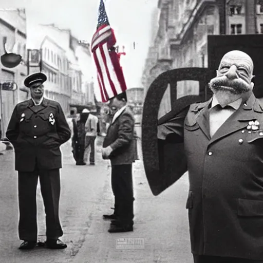 Image similar to dr. zoidberg at checkpoint charlie, realistic, old photograph