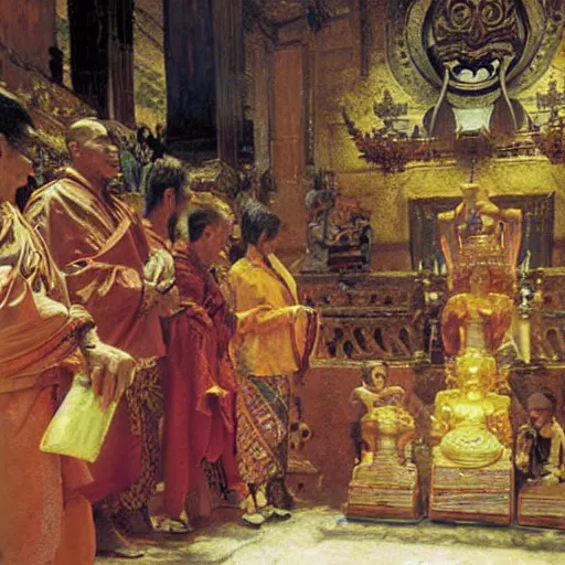 Image similar to 8 0 s buddhist priests on greek senete counsil in baroque painting, painting by gaston bussiere, craig mullins