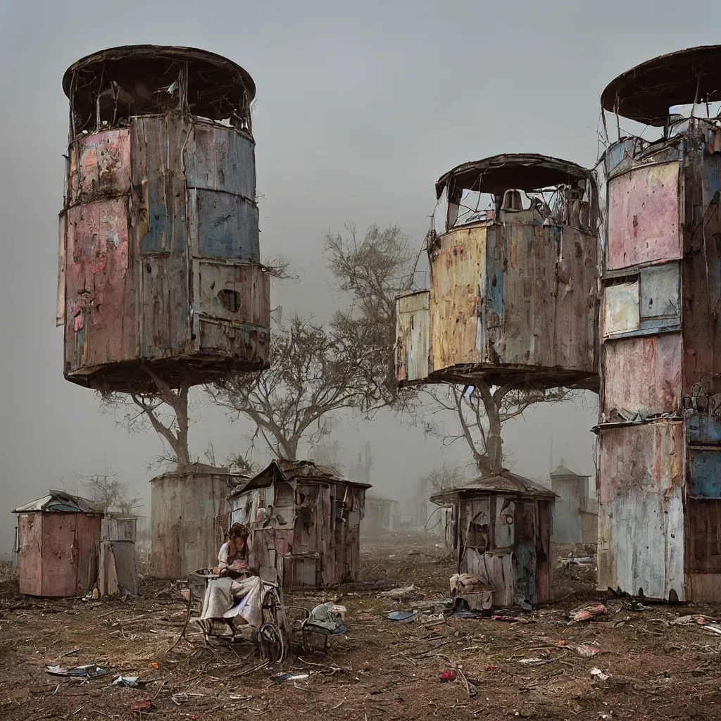 Prompt: circular towers, made up of makeshift squatter shacks with faded colours, apocalyptic sky, misty, dystopia, mamiya rb 6 7, fully frontal view, ultra sharp, very detailed, photographed by julie blackmon