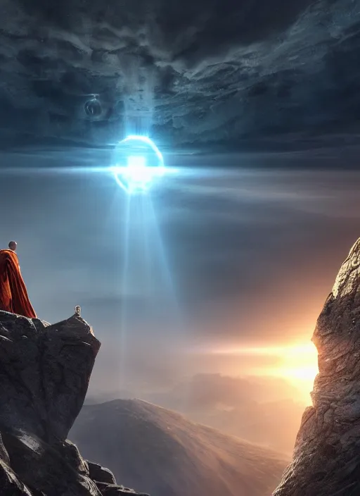 Prompt: a cosmic monk in lord of the rings scenery landscape, looking out at a futuristic alien spaceship in the sky, sunrise, god's rays, highly detailed, vivid color, cinematic lighting, perfect composition, 8 k, gustave dore, derek zabrocki, greg rutkowski, belsinski, octane render