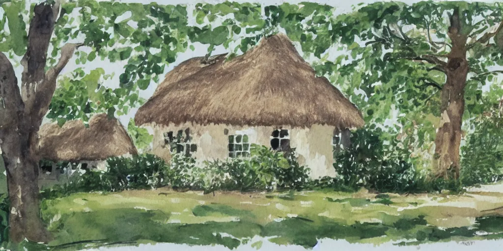 Prompt: old thatched cottage with a front garden among the trees, watercolor
