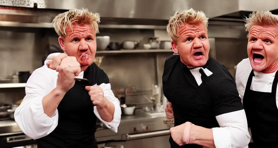 Image similar to photo of angry furious Gordon Ramsay punching Gordon Ramsay at the kitchen