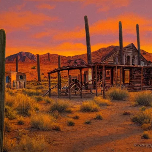 Image similar to an oil painting of a wild west ghost town in the sonora desert by frank maggiori, golden hour, sunlight