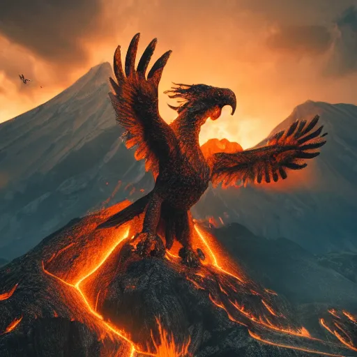 Prompt: giant fire eagle coming out of a vulcano, beautiful light, mountains, nature, fantasy book, d & d, high detail, 8 k, octane render painting, dark fantasy