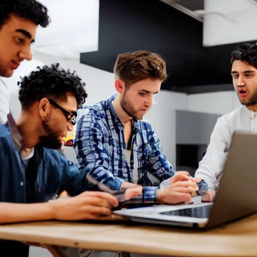 Prompt: 5 men coding on laptops around a table