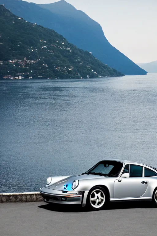 Image similar to Photo of a silver Porsche 911 Carrera 3.2 parked on a dock in Lake Como in the background, daylight, dramatic lighting, award winning, highly detailed, 1980s Versace ad, fashion photography, fine art print, best selling.