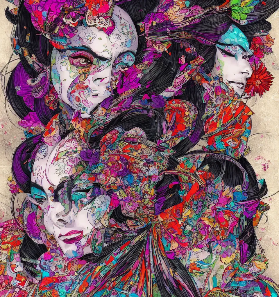 Prompt: colourful geisha in the style of android jones, 1 6 k, ultra detailed, ultra intricate, artstation