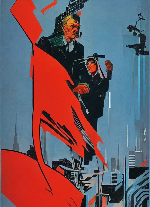 Image similar to soviet propaganda poster. cyberpunk spy. portrait by jean giraud and anton otto fischer and john philip falter and will eisner and gil elvgren