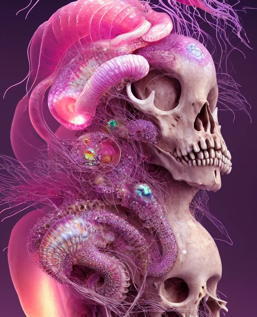 Image similar to goddess princess face close-up portrait ram skull. jellyfish phoenix head, nautilus, orchid, skull, betta fish, bioluminiscent creatures, intricate artwork by Tooth Wu and wlop and beeple. octane render, trending on artstation, greg rutkowski very coherent symmetrical artwork. cinematic, hyper realism, high detail, octane render, 8k