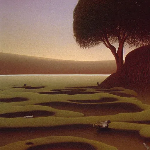 Image similar to platypus on vacation landscape painting by Zdzisław Beksiński