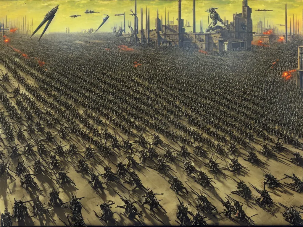 Prompt: armies marching parade with infantry, vehicles and rocket launchers, futuristic alternate timeline, communist hordes, art by max ernst