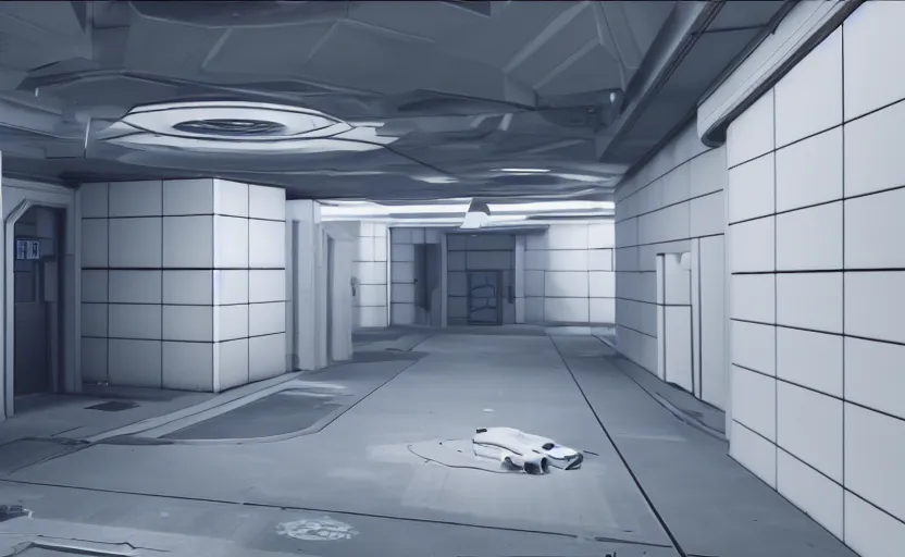 Image similar to screenshot of a first person shooter game on unreal engine 5, narrow modern hallways of a futuristic government facility with white dry wall, photorealistic, retrofuturism