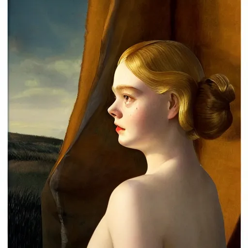 Image similar to Elle Fanning as an Android, head and shoulders masterpiece, oil on canvas, golden hour, in the world of Andrew Wyeth and Fallout 3, artstation, by J. C. Leyendecker and Peter Paul Rubens,