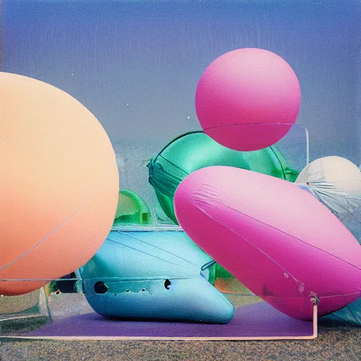 Prompt: a pastel colour high fidelity Polaroid art photo from a whimsical holiday album at a seaside with abstract inflatable parachute furniture ((and some spheres)), all objects made of transparent iridescent Perspex and metallic silver, no people, iridescence, nostalgic