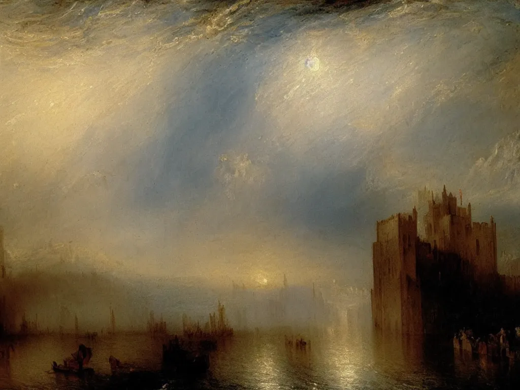 Prompt: a landscape painting of a castle on the ship, by J. M. W. Turner