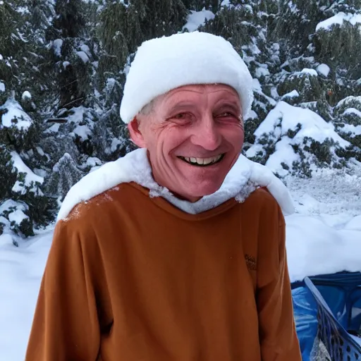 Image similar to a smiling old man covered in snow