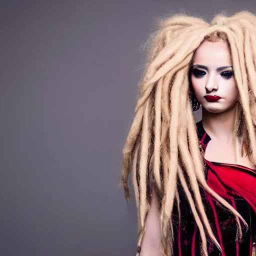 Prompt: instagram modeling headshot photography flawless young beautiful female with blonde and red dreadlocks in a black ballgown, dark, piercing clear eyes, symmetrical golden ration exotic stoic expression, photorealistic, highly detailed, mysterious lighting, smooth, sharp focus, 8 0 mm camera