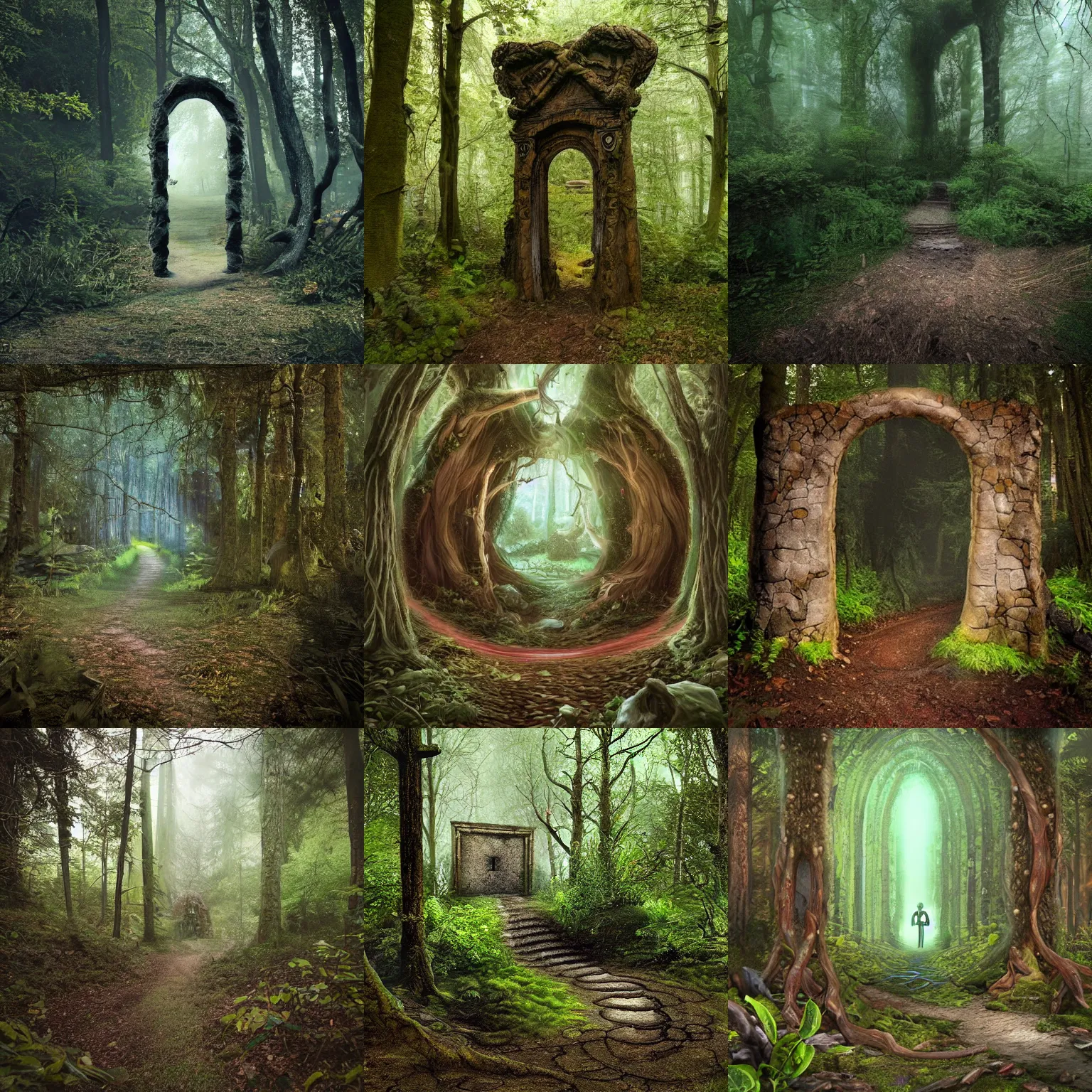 Prompt: a portal to the otherworld stands beside a winding path in the forest