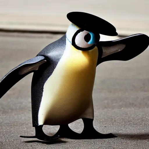 Image similar to photo of a skateboarding penguin with a sunhat!