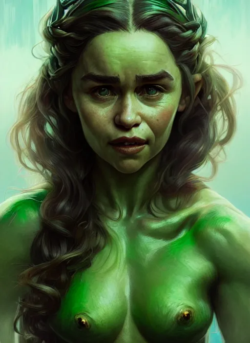 Image similar to portrait of emilia clarke as a goblin, d & d, muscular! green, fantasy, intricate, elegant, highly detailed, digital painting, artstation, concept art, smooth, sharp focus, illustration, art by artgerm and greg rutkowski and alphonse mucha