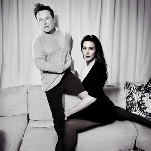 Image similar to boudoir photoshoot of elon musk and courtney kardashian, high quality