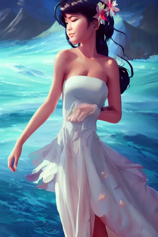 Image similar to a beautiful fashion goddness of love, chic strapless dress, tropical sea background, character design, in the style of artgerm, and wlop, cinematic lighting, hyperdetailed, 8 k realistic, symmetrical, global illumination, radiant light, frostbite 3 engine, cryengine, dof, trending on artstation, digital art