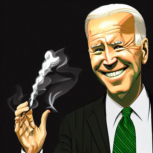 Image similar to joe biden holding a giant joint while sitting on a couch in a messed up apartment, stoned eyes, smoke, beautiful digital art, amazing detail, artstation, award winning, sharp