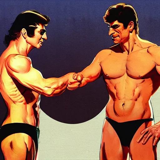 Image similar to tony khan and vince mcmahon shaking hands, stylized behance by syd mead, frank frazetta, ken kelly, simon bisley, richard corben, william - adolphe bouguereau