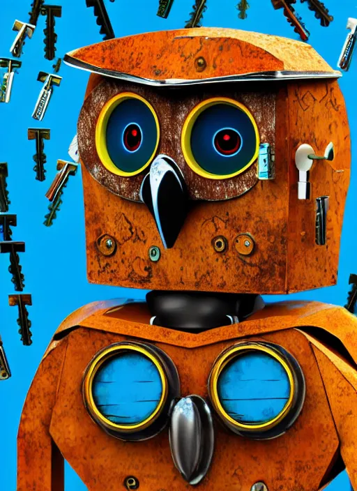 Image similar to colored pencil and pen drawing of an animatronic robot owl, bird made from rusty old keys and padlocks, space background, 8 k photorender realityengine