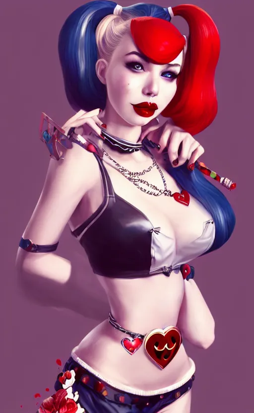 Prompt: a pin up and beautiful fashion charming dreamlke harley quinn with lv jewelry, character art, art by artgerm lau and wlop and and ilya kuvshinov and john singer sargent, hyperdetailed, 8 k realistic, symmetrical, frostbite 3 engine, cryengine, dof, trending on artstation, digital art