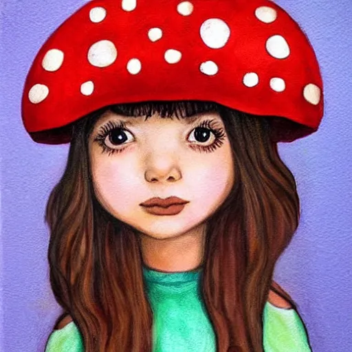 Prompt: little girl with a mushroom hat, cute artwork