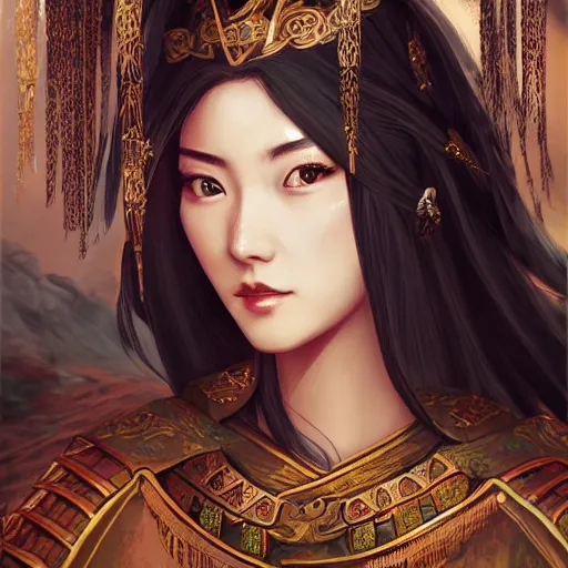 Prompt: ancient chinese dynasty princess, three kingdom, dynasty warriors, standing in an oasis in the desert, elegant, headshot, long black hair, digital painting, smooth, concept art, art by wlop