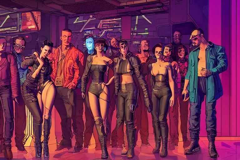 Image similar to cyberpunk heist crew in nightclub. portrait by stonehouse and mœbius and will eisner and gil elvgren and pixar. character design. realistic proportions. cyberpunk 2 0 7 7 character art, blade runner 2 0 4 9 concept art. cel shading. attractive face. thick lines. the team. diverse characters.