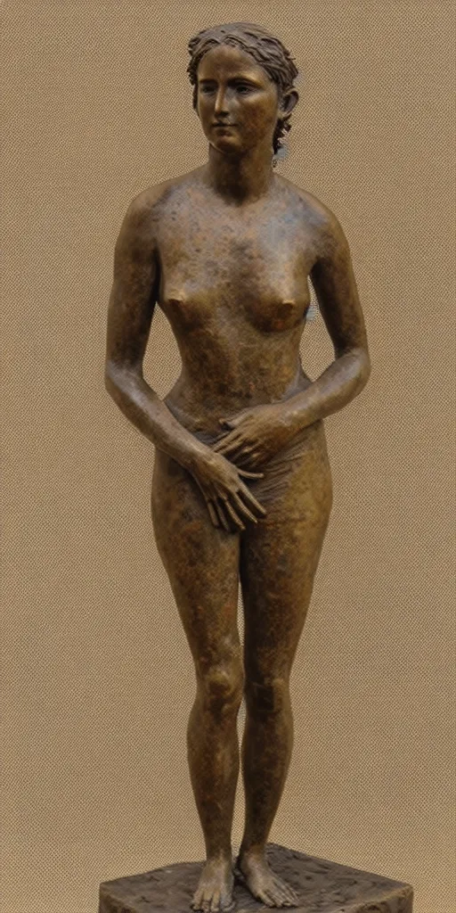 Image similar to detailed photo of an old bronze patina statue of beautiful emma truman, full body portrait, photorealism, intricate detail, museum diffuse lighting