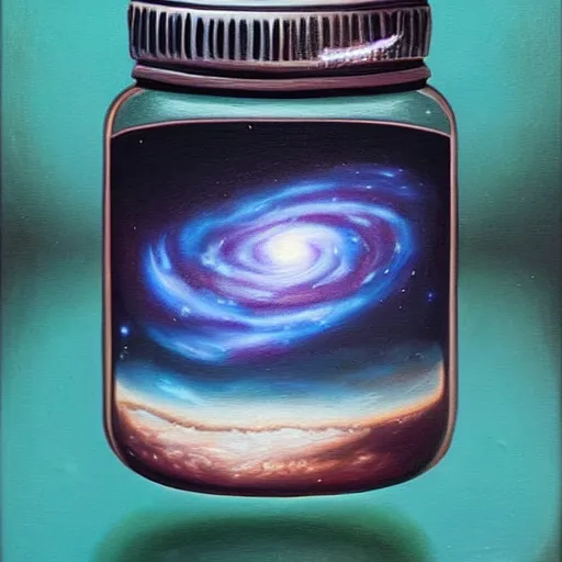 Prompt: surrealism painting of the Milkyway galaxy in a jar