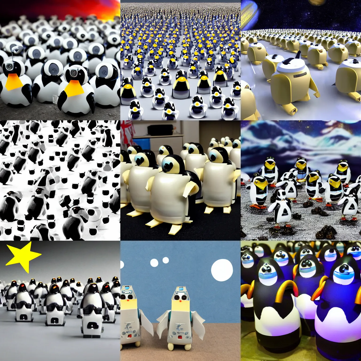 Prompt: army of robotic space penguins, on planet, holding swiss cheese, invasion, hyper-realistic