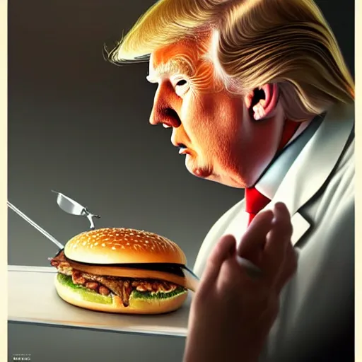 Prompt: Donald Trump performing emergency surgery on a big mac hamburger, dripping BBQ Sauce, serving burgers, hospital room, intricate, elegant, highly detailed, digital painting, artstation, concept art, matte, sharp focus, illustration, art by Artgerm and Greg Rutkowski and Alphonse Mucha