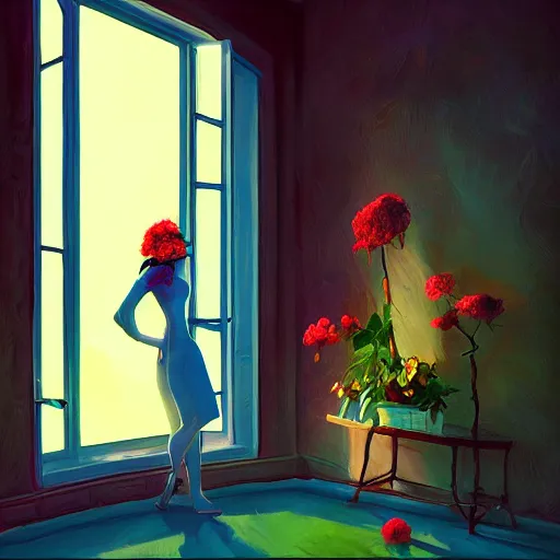 Image similar to giant flower under head, woman next to modern windows, luxury apartment, surreal photography, dramatic light, impressionist painting, digital painting, artstation, arthur adams