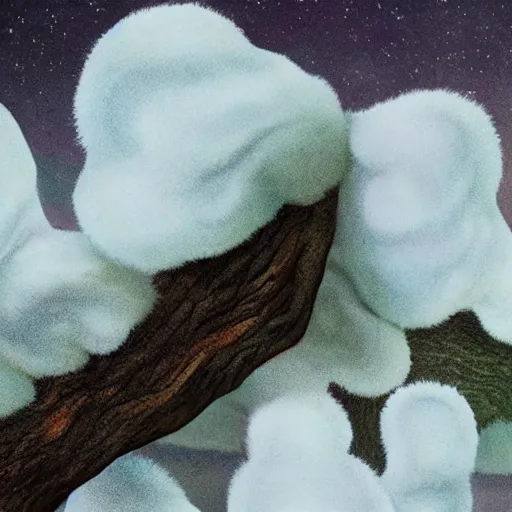 Prompt: bioluminescent white furry fungus growing on a dead tree, photorealistic, fungal, magic,