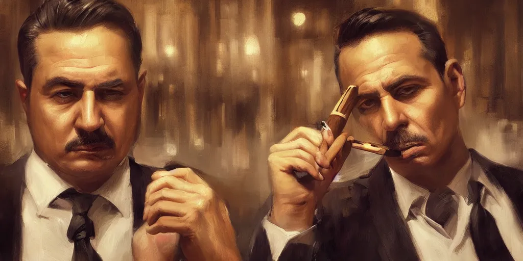 Image similar to beautiful oil matte portrait painting, mafia boss holding a cigar at his 5 0 s new york office desk, wonderful masterpiece highly detailed, beautiful cinematic light deep focus, elegant, digital painting, smooth, sharp focus, golden ratio, dramatic illumination, ultra realistic, 8 k, art by jimmy law