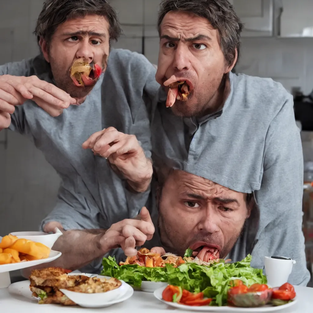 Prompt: A man looking in disgust at his lunch