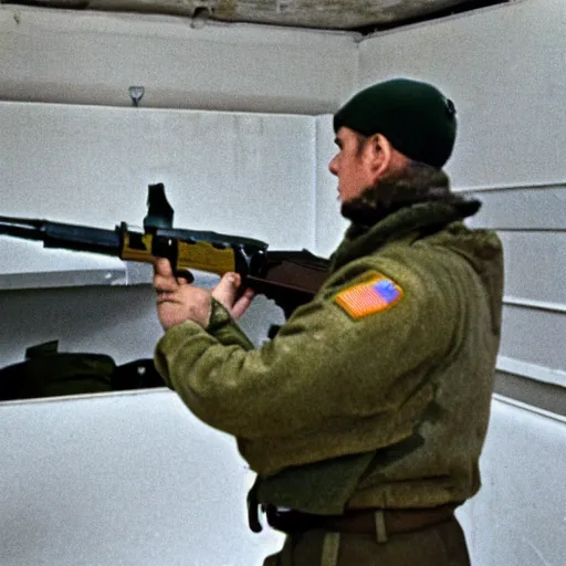 Prompt: a high quality color dutch angle wide shot film 3 5 mm depth of field photograph of a man wearing army fatigues, holding an ak - 4 7 nervously pointing it in front of him getting ready to shoot, in a secret military bunker in antarctica in 1 9 8 2