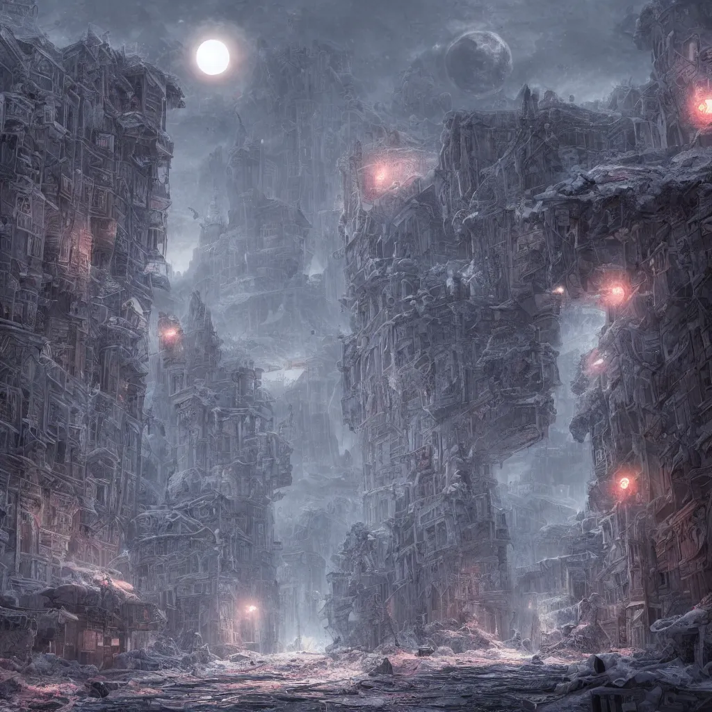 Image similar to a ruined city in the style of aetherpunk, a snowy street, huge red moon, global illumination, detailed and intricate environment, mysterious