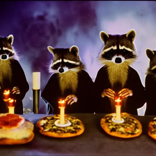 Image similar to 1 9 8 0's sci - fi movie still, a group of sinister evil raccoons wearing dark evil cult robes perform an evil ritual standing in a circle around a piece of pizza on top of a pentagram, dramatic candlelight