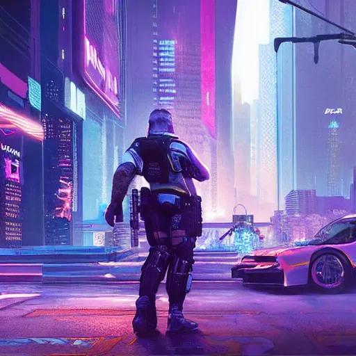 Prompt: cyberpunk 2 0 7 7 cop, purple and blue hour, art by craig mullins