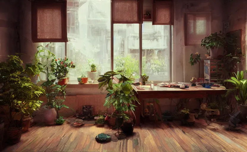 Prompt: a stylish artist studio interior, old wood floors, potted plants, painting by Craig Mullins, octane rendering, soft morning lighting, wide angle lens, low view, in the style of Hayao Miyazaki, trending on artstation,