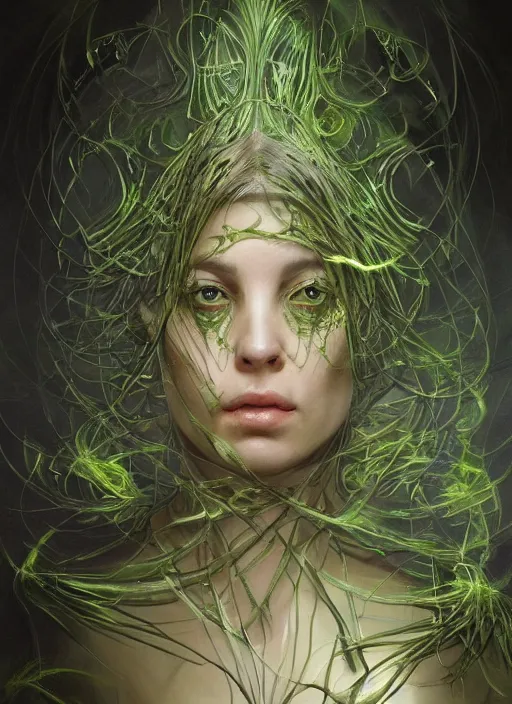 Image similar to fractal with green chins, physically accurate, moody dynamic lighting, very very intricate, very very elegant, highly detailed, digital painting, artstation, HR GIGER, Hieronymus Bosch, Francis Bacon, concept art, smooth, very beautiful, sharp focus, illustration, art by artgerm and greg rutkowski and alphonse mucha